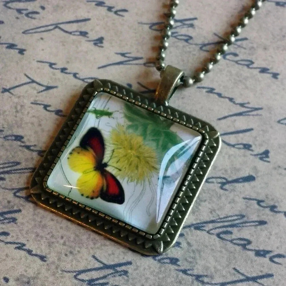 Fashion Jewelry Jewelry - Victorian Butterflies Steampunk Square Antiqued Brass Glass 27" Long Necklace